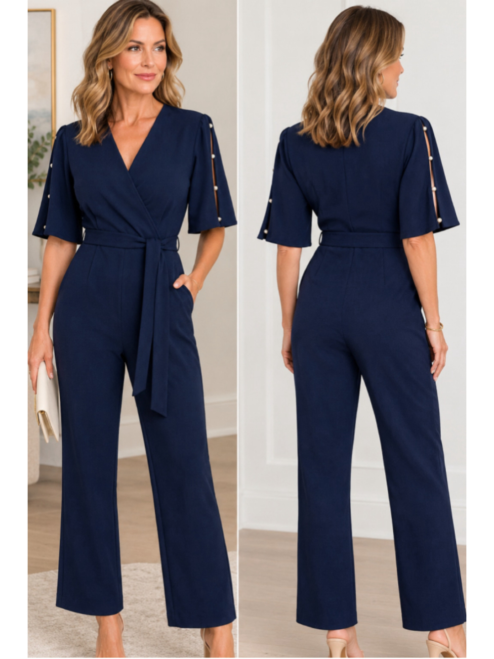 Navy Wrap Jumpsuit Groom Groomsman Guest Groom Wedding Wide Leg 14 Elegant 
1720